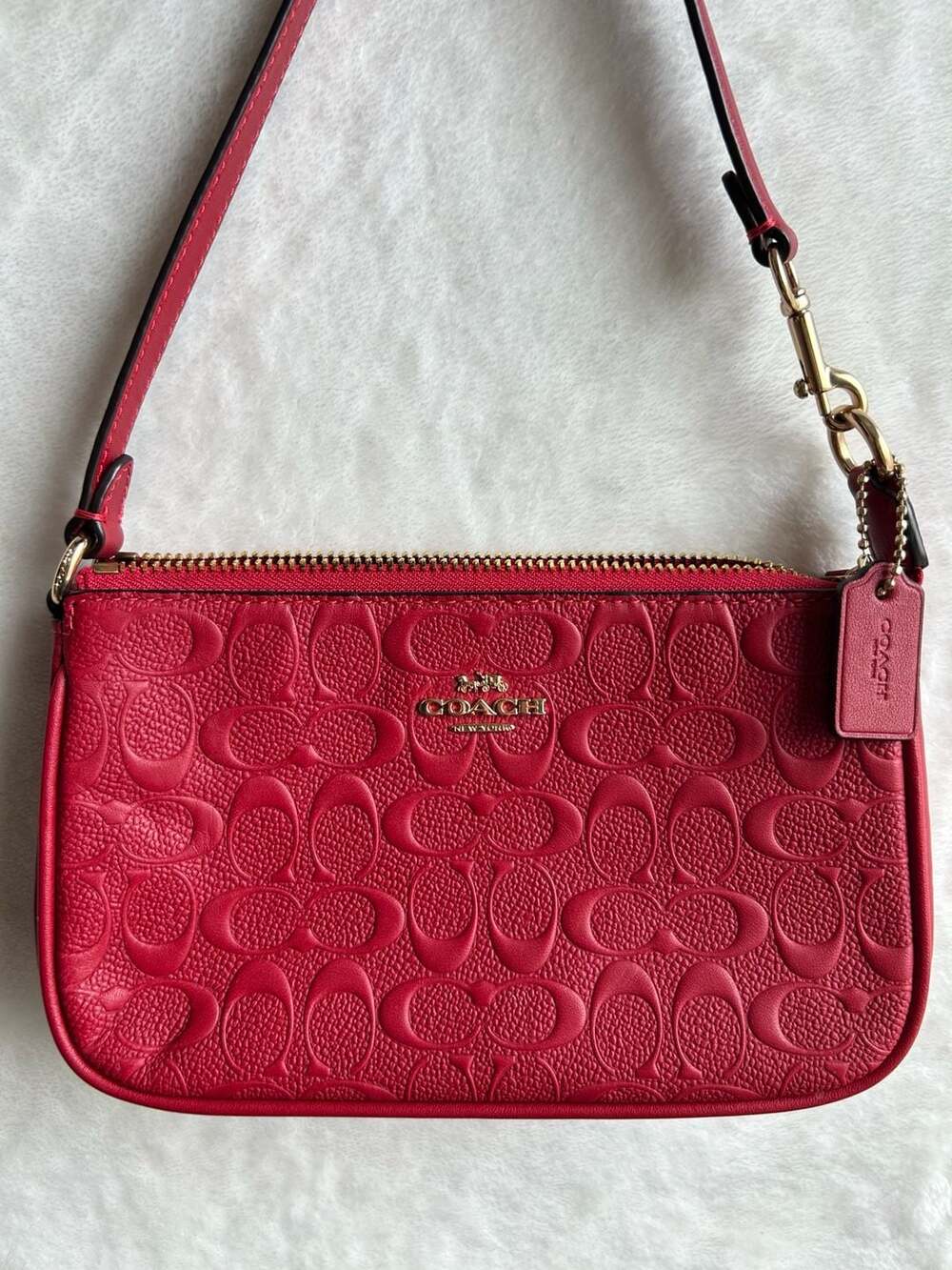 Coach Signature Embossed Leather Small Zip Shoulder Bag Handbag in Red